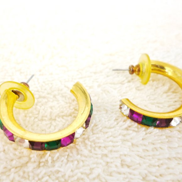 Half Hoop Earrings Deep Rainbow Tones Purple Emerald Green Gold 1 1/8" EUC 17700 - Picture 4 of 4